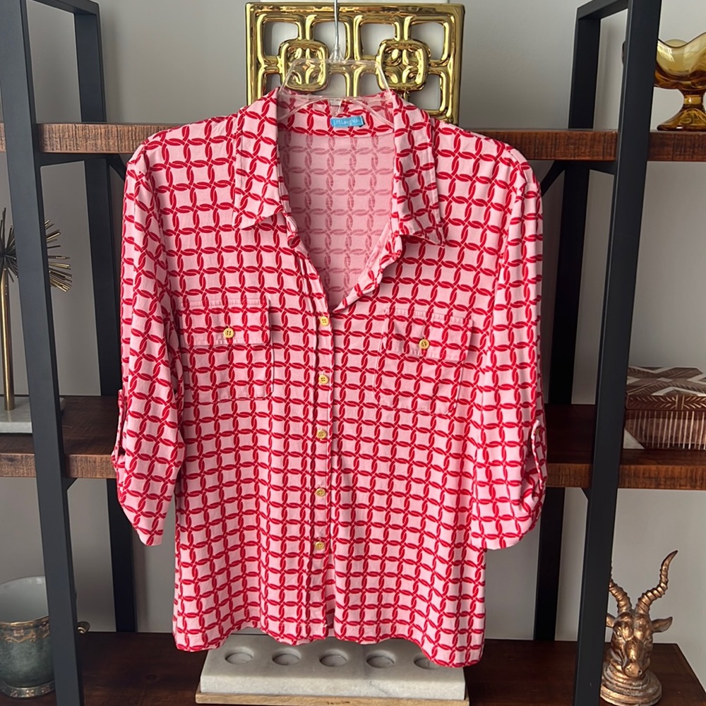 J. McLaughlin Pink and Red Geometric Button-Up Shirt